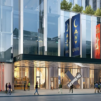 Architectural rendering of The StandardX Times Square hotel entrance with theatre banners