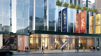 Architectural rendering of The StandardX Times Square hotel entrance with theatre banners