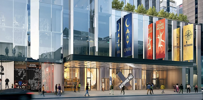 Architectural rendering of The StandardX Times Square hotel entrance with theatre banners