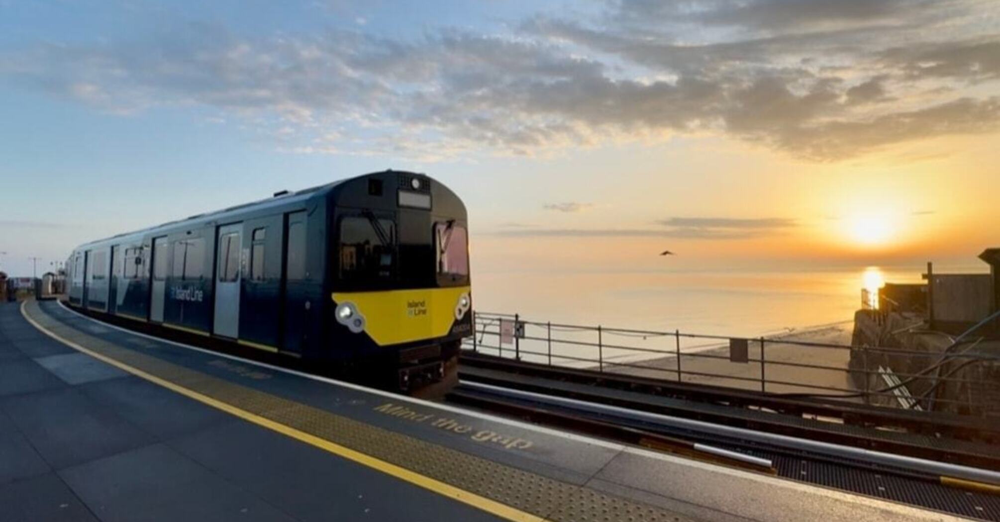 Island Line train at Ryde Pier Head station beside the sea