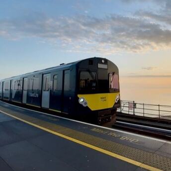 Island Line train at Ryde Pier Head station beside the sea