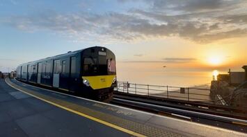 Island Line train at Ryde Pier Head station beside the sea