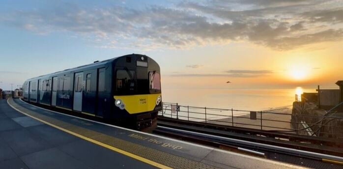 Island Line train at Ryde Pier Head station beside the sea