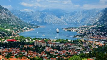 Panoramic view of the Bay of Kotor surrounded by mountains in Montenegro