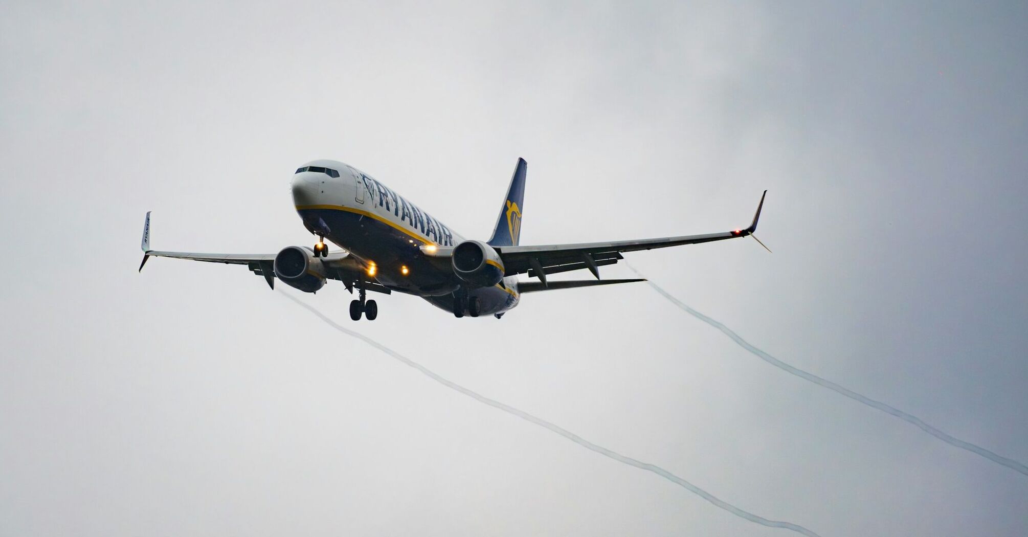 Ryanair passenger aircraft approaching landing with its landing gear extended