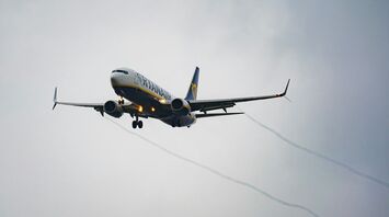 Ryanair passenger aircraft approaching landing with its landing gear extended