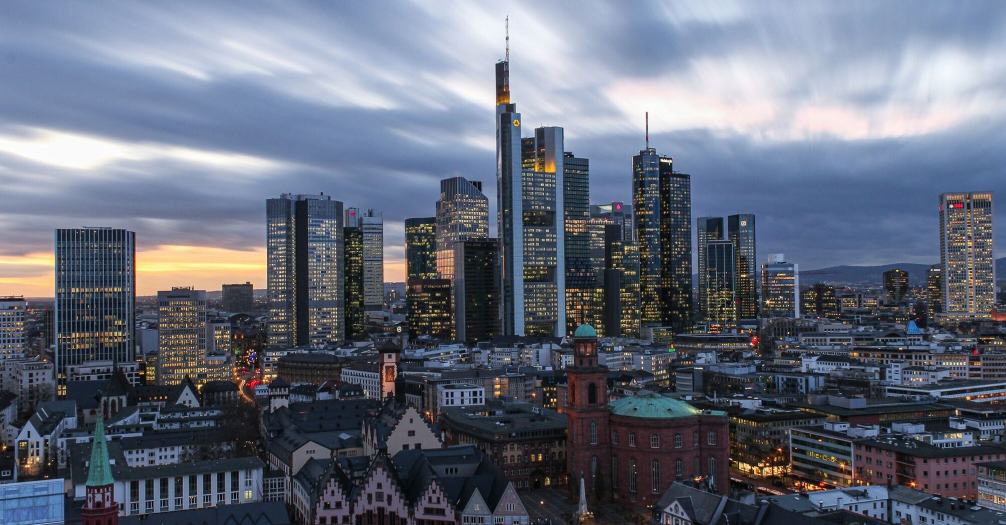 Evening view of Frankfurt city centre