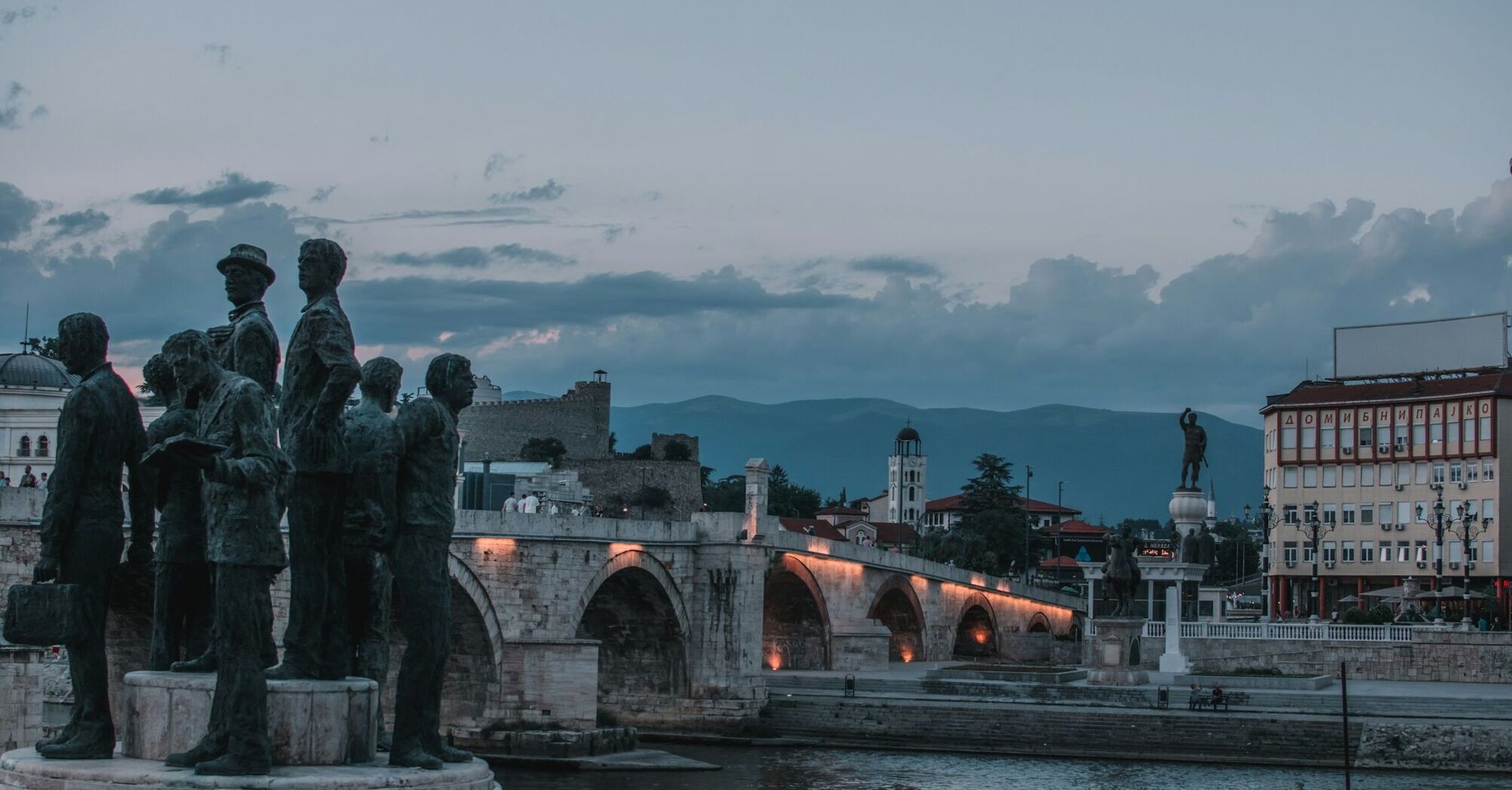 Stone Bridge and statues over the Vardar River in Skopje