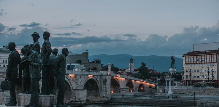 Stone Bridge and statues over the Vardar River in Skopje