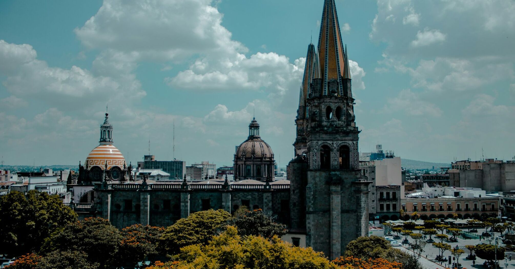 Guadalajara Cathedral and historic centre skyline under blue sky