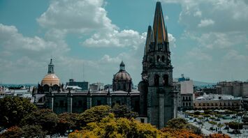 Guadalajara Cathedral and historic centre skyline under blue sky