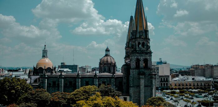 Guadalajara Cathedral and historic centre skyline under blue sky