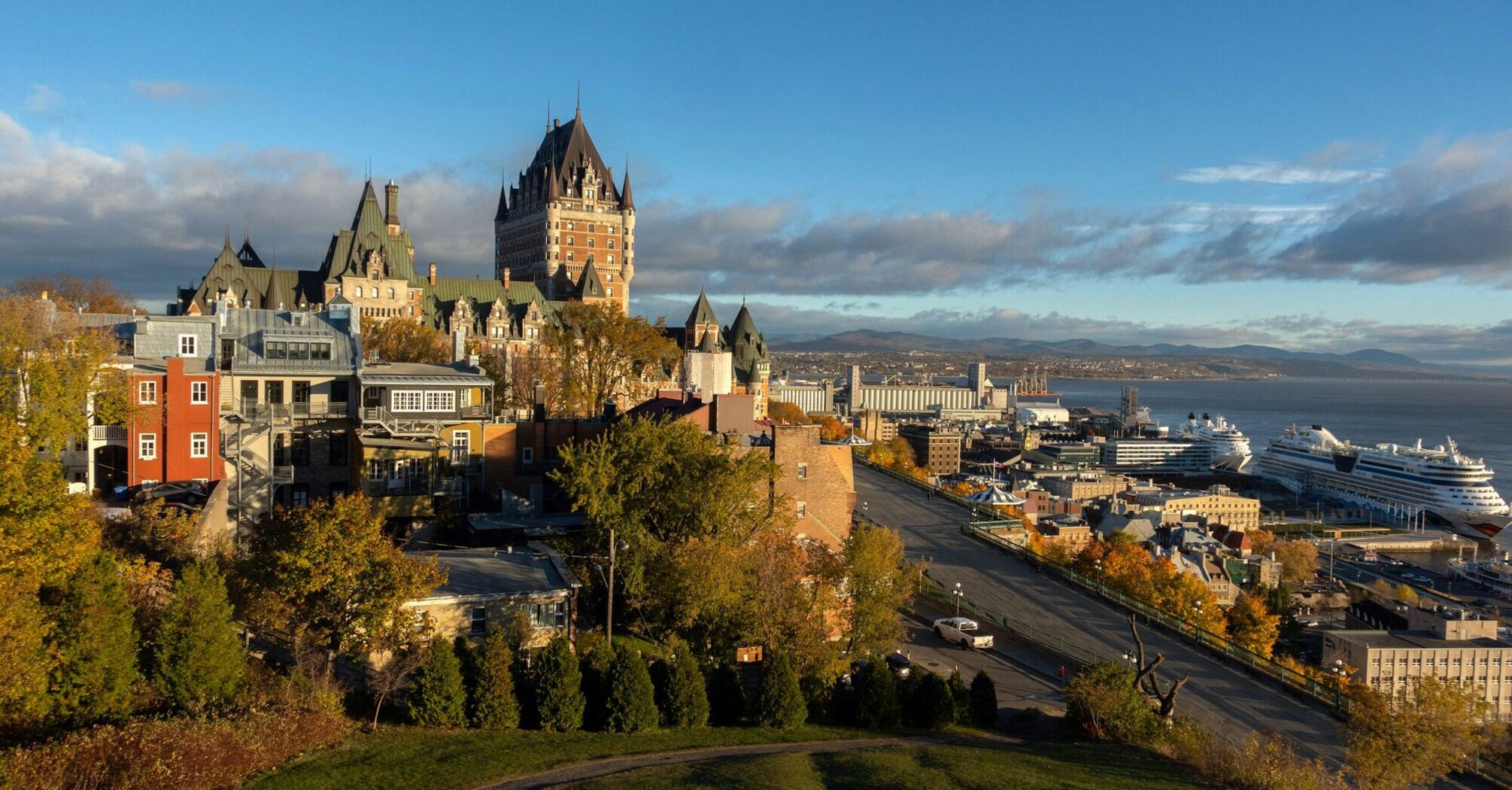 View of Quebec City skyline with Château Frontenac and St Lawrence River