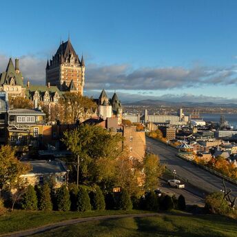 View of Quebec City skyline with Château Frontenac and St Lawrence River