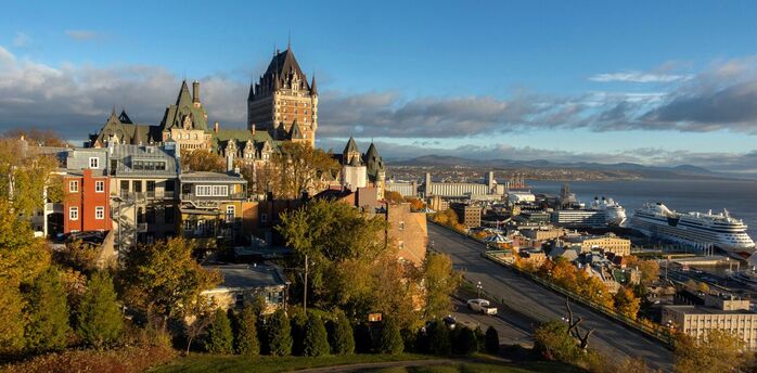 View of Quebec City skyline with Château Frontenac and St Lawrence River