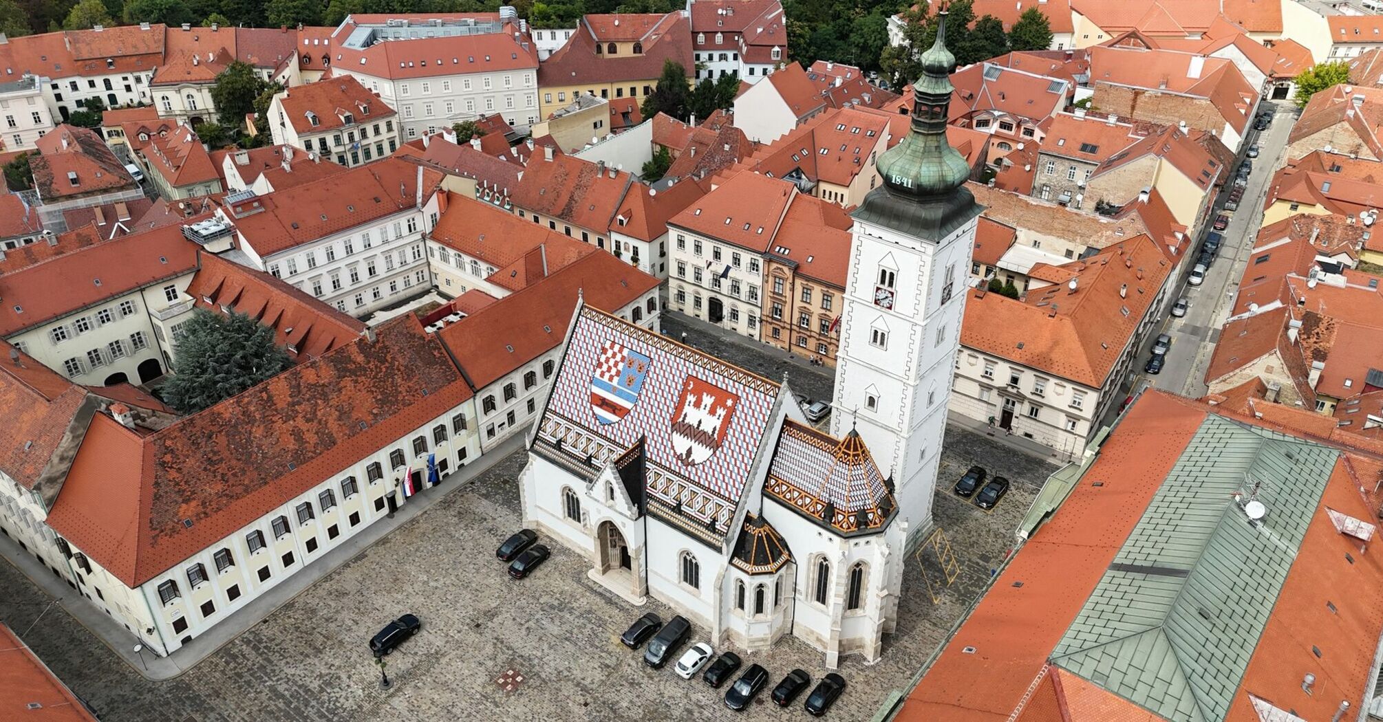 Aerial view of Zagreb Old Town with St Mark’s Church and red-tiled rooftops