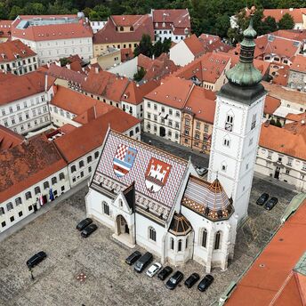 Aerial view of Zagreb Old Town with St Mark’s Church and red-tiled rooftops