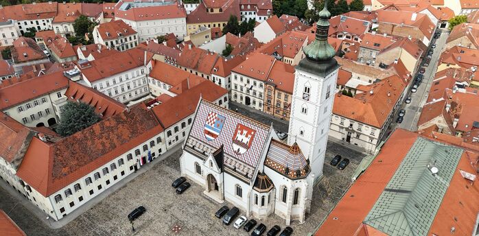 Aerial view of Zagreb Old Town with St Mark’s Church and red-tiled rooftops