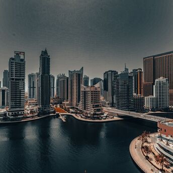 Dubai Marina skyline with high-rise towers and waterfront canal