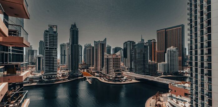 Dubai Marina skyline with high-rise towers and waterfront canal