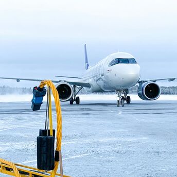 Commercial aircraft on icy runway during winter operations