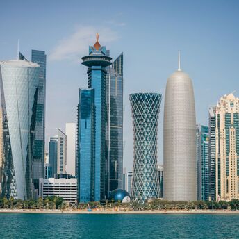 Modern high-rise skyline of Doha along the waterfront in Qata