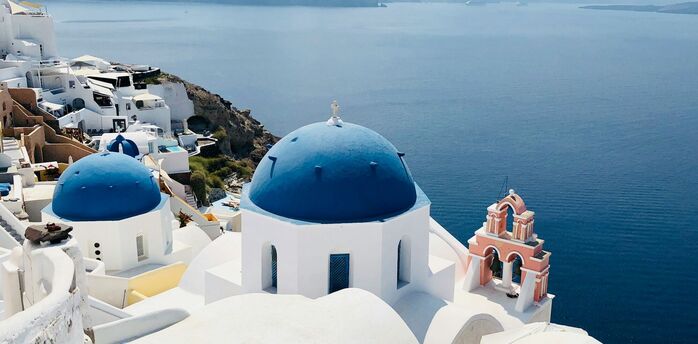 Santorini caldera with blue-domed churches