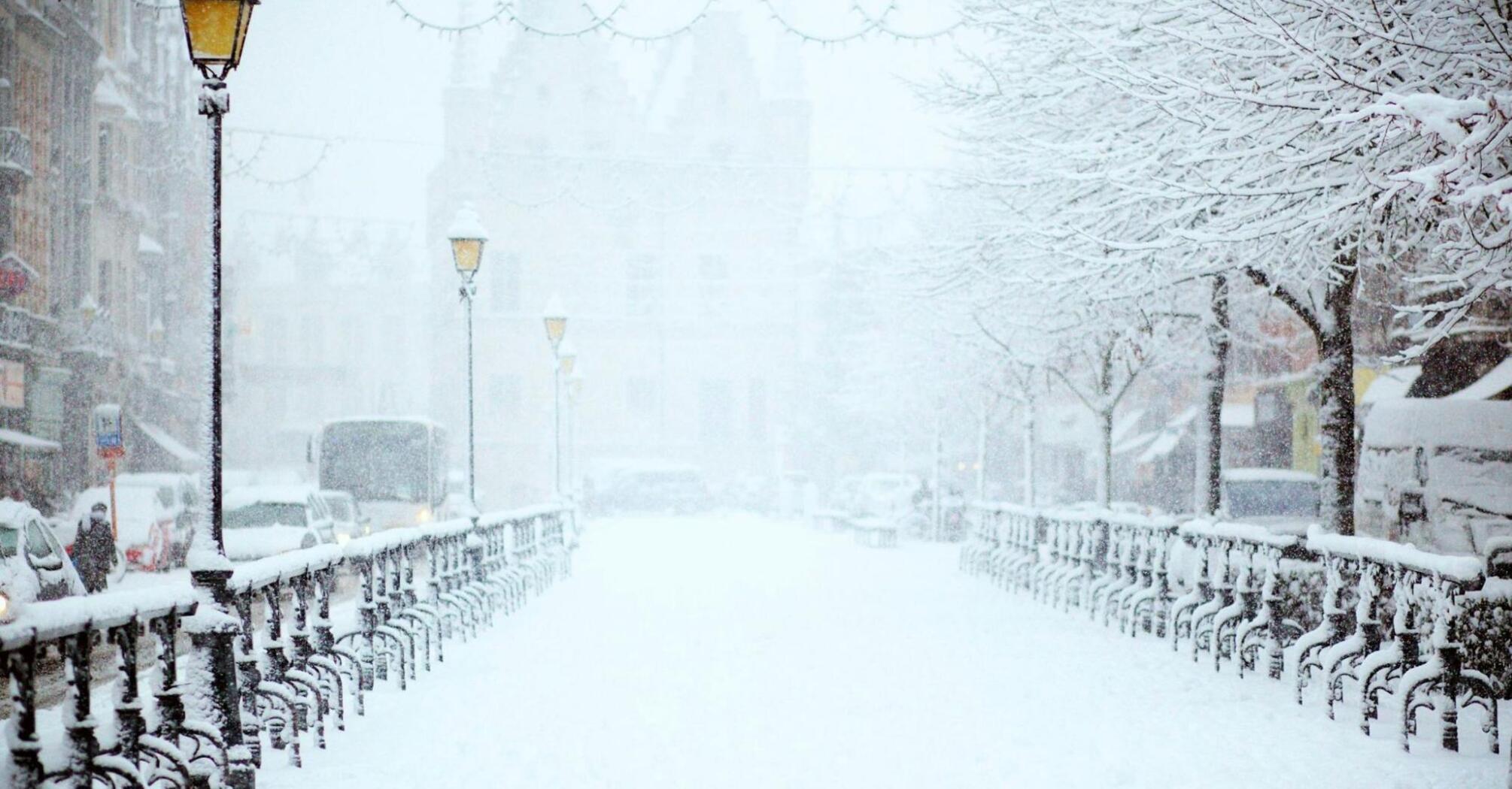Snow covered street during winter storm