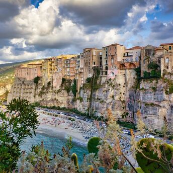 Cliffside town in Calabria overlooking beach and Tyrrhenian Sea