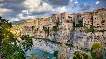 Cliffside town in Calabria overlooking beach and Tyrrhenian Sea
