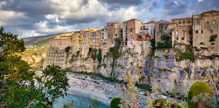 Cliffside town in Calabria overlooking beach and Tyrrhenian Sea