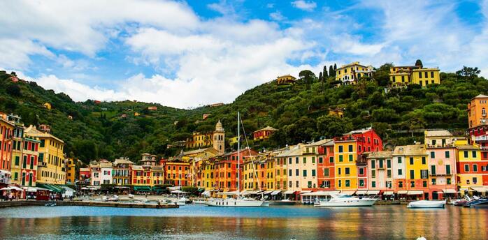 Colorful waterfront buildings along Genoa harbor