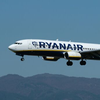 Ryanair aircraft in flight against clear sky