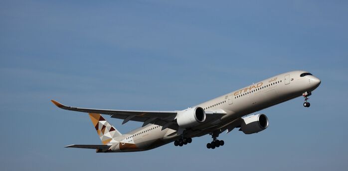 Etihad Airways aircraft in flight against clear blue sky
