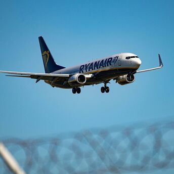 Ryanair aircraft approaching runway during landing