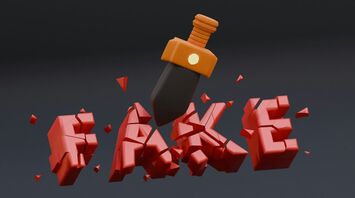 Fake word breaking apart with hammer illustration
