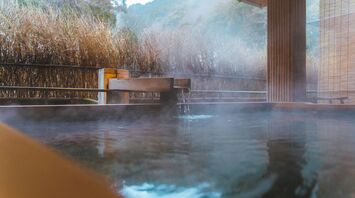Outdoor hot spring bath surrounded by natural landscape