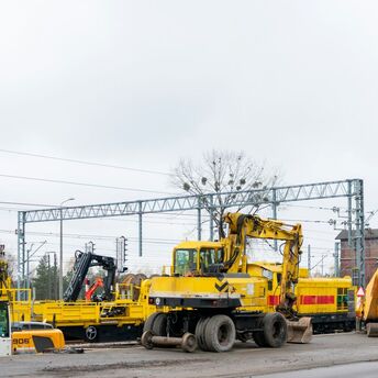 Rail engineering equipment positioned beside tracks during upgrade works