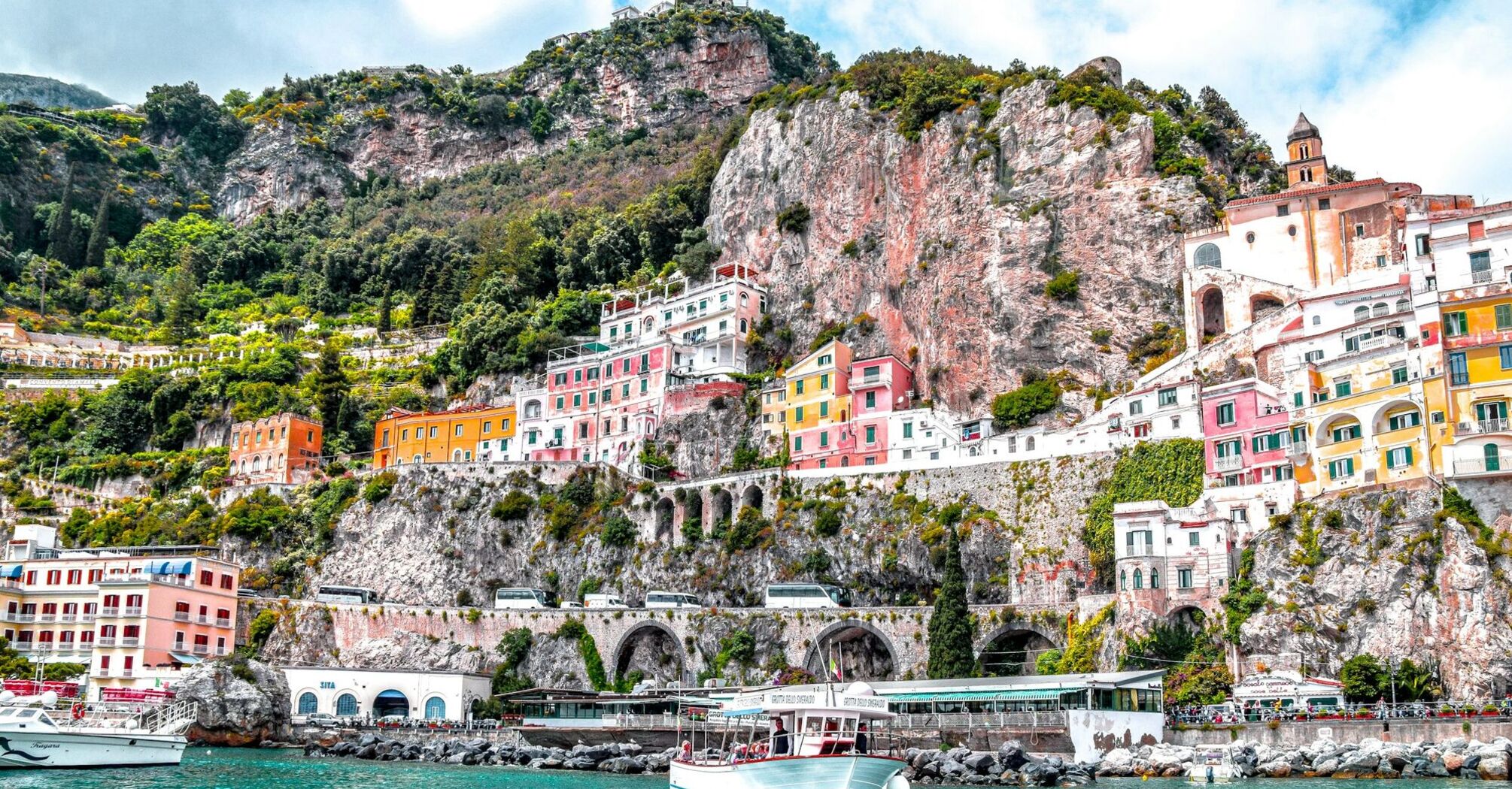 Colourful cliffside houses along the Amalfi Coast in southern Italy