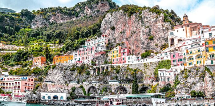 Colourful cliffside houses along the Amalfi Coast in southern Italy
