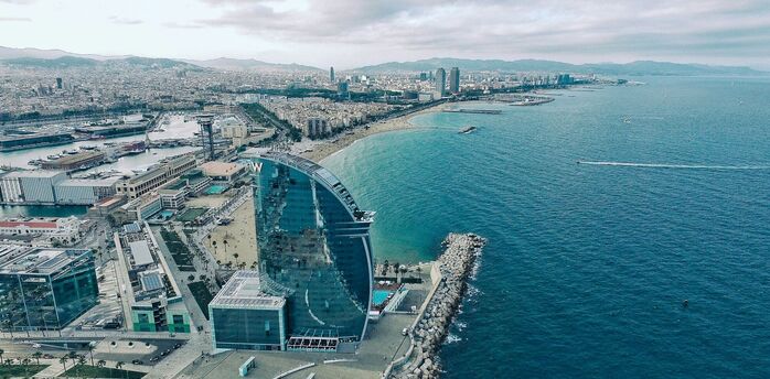 Barcelona coastline and W Hotel along the Mediterranean waterfront