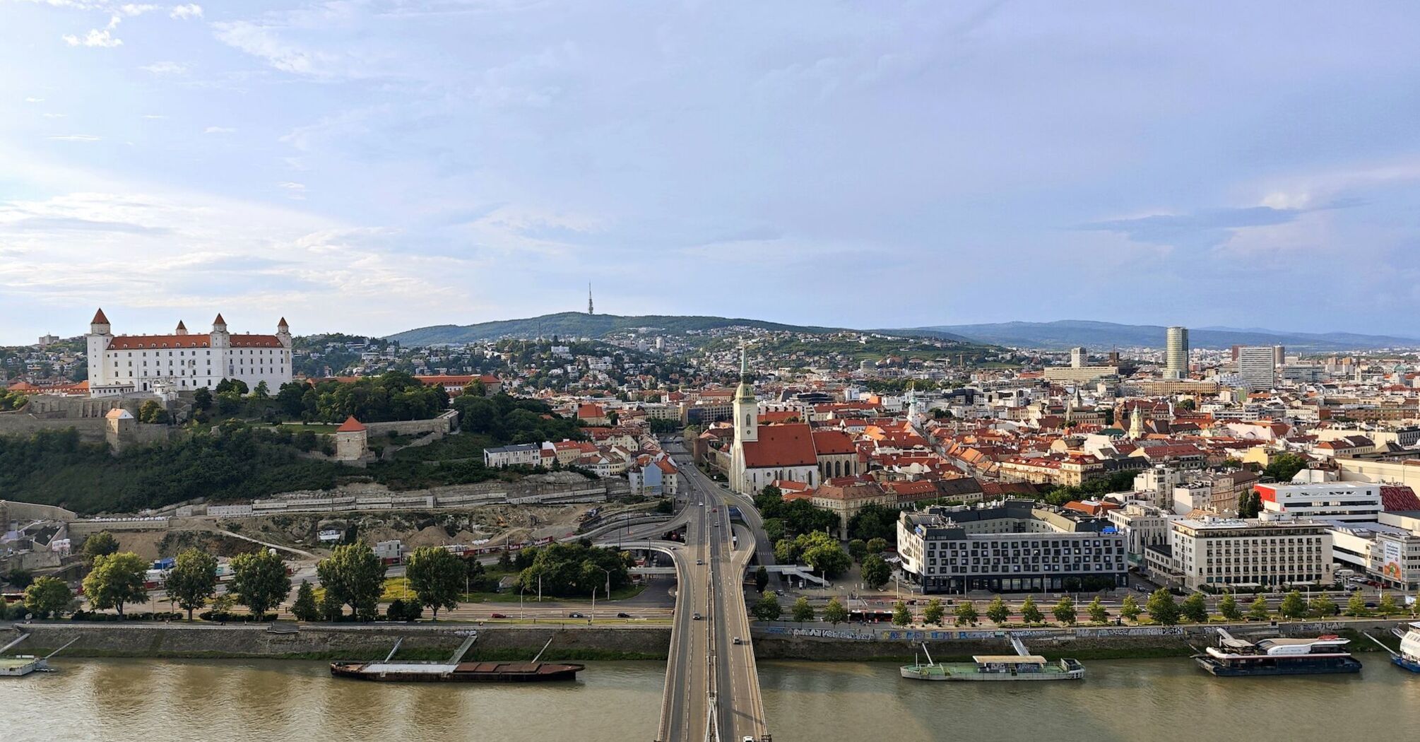 Bratislava cityscape with Danube river and castle hill