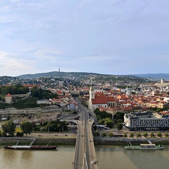 Bratislava cityscape with Danube river and castle hill
