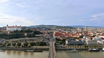 Bratislava cityscape with Danube river and castle hill