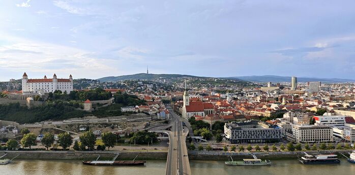 Bratislava cityscape with Danube river and castle hill