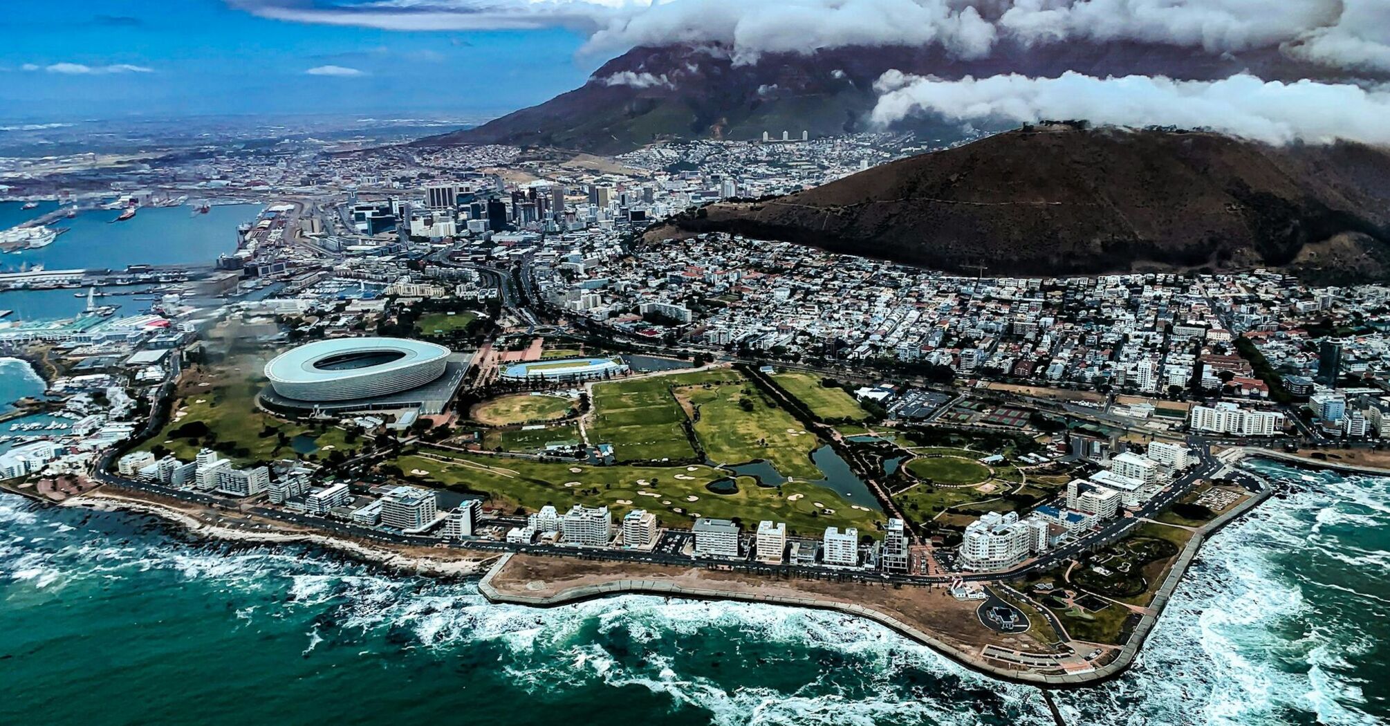 Aerial view of Cape Town coastline and Table Mountain