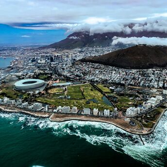 Aerial view of Cape Town coastline and Table Mountain