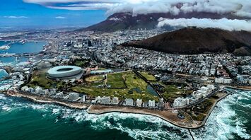 Aerial view of Cape Town coastline and Table Mountain