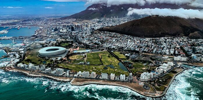 Aerial view of Cape Town coastline and Table Mountain