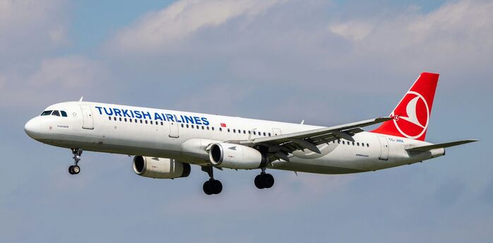 Turkish Airlines aircraft approaching runway in flight